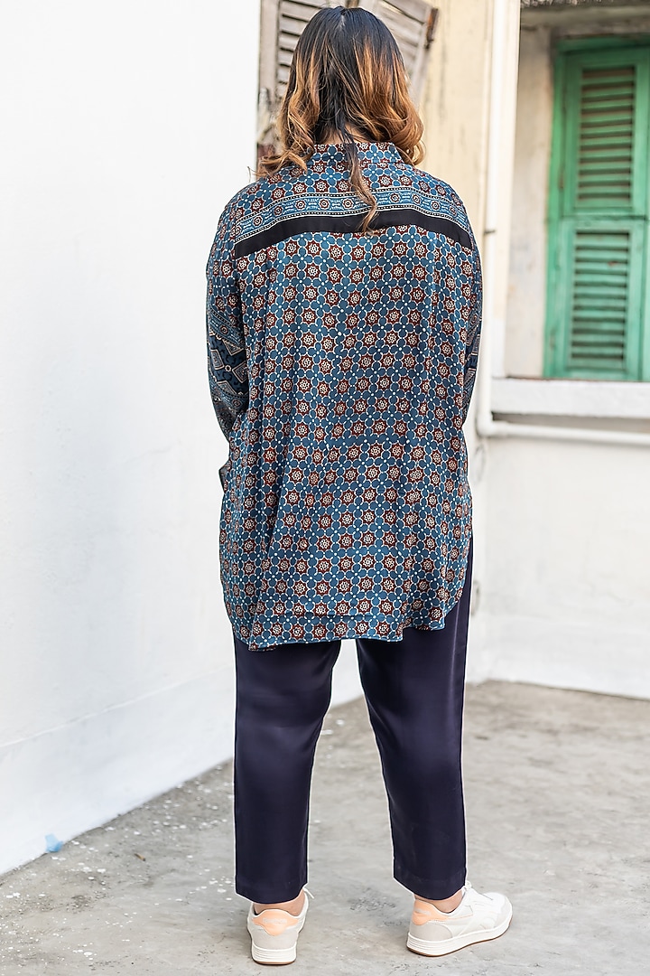 Blue Ajrakh Satin Hand-Block Printed Co-Ord Set by Prahnaaya at Pernia's Pop Up Shop