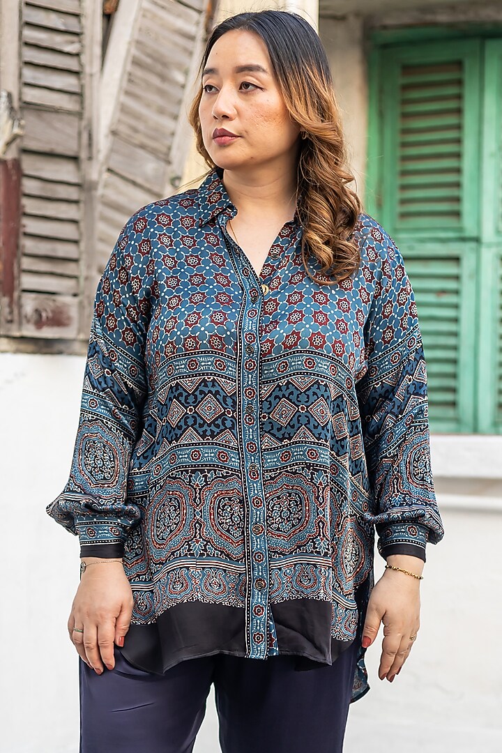 Blue Ajrakh Satin Hand-Block Printed Co-Ord Set by Prahnaaya at Pernia's Pop Up Shop