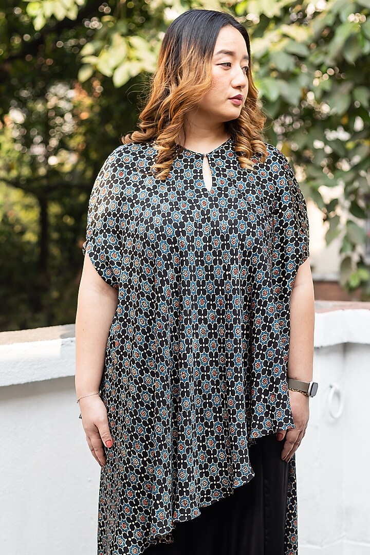 Black Ajrakh Satin Hand-Block Printed Tunic Set by Prahnaaya at Pernia's Pop Up Shop