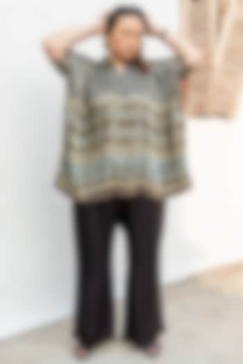 Beige & Black Ajrakh Satin Hand-Block Printed Co-Ord Set by Prahnaaya at Pernia's Pop Up Shop