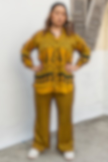 Yellow Ajrakh Satin Hand-Block Printed Co-Ord Set by Prahnaaya at Pernia's Pop Up Shop