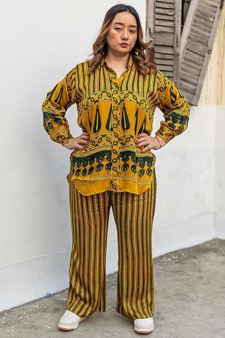 Yellow Ajrakh Satin Hand-Block Printed Co-Ord Set by Prahnaaya at Pernia's Pop Up Shop