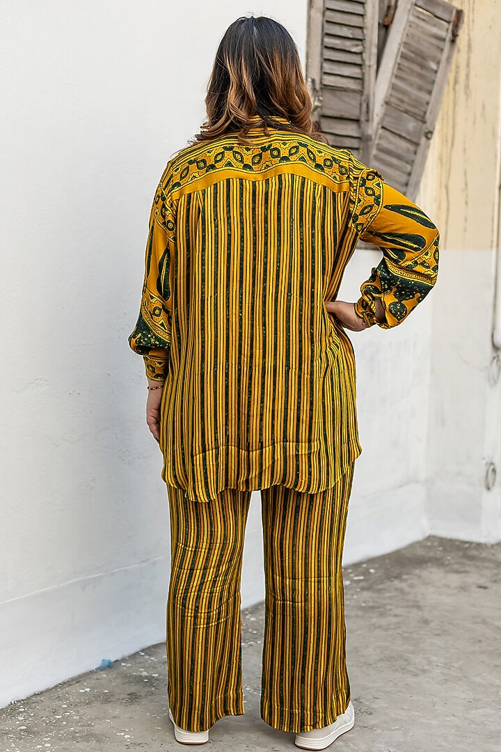 Yellow Ajrakh Satin Hand-Block Printed Co-Ord Set by Prahnaaya at Pernia's Pop Up Shop