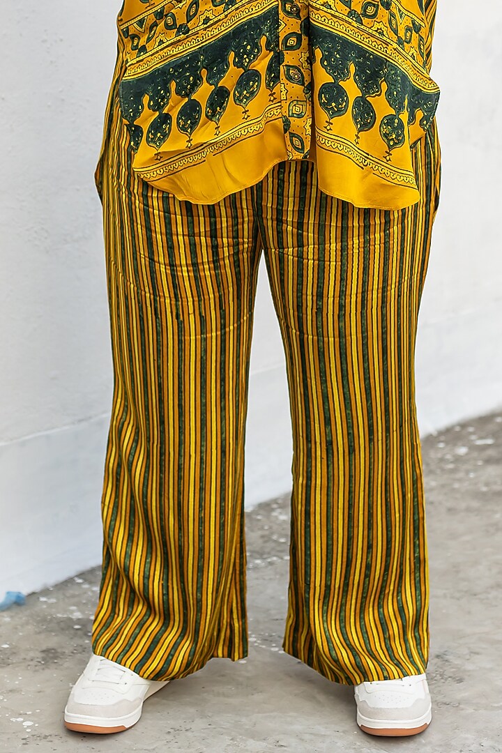 Yellow Ajrakh Satin Hand-Block Printed Co-Ord Set by Prahnaaya at Pernia's Pop Up Shop