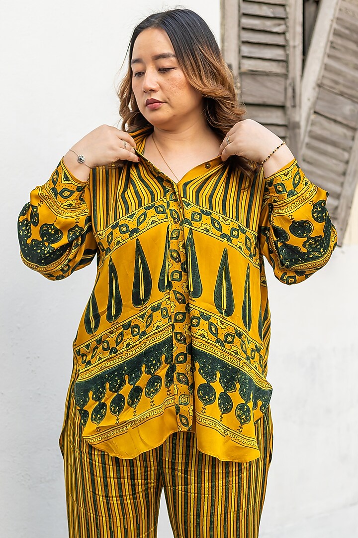 Yellow Ajrakh Satin Hand-Block Printed Co-Ord Set by Prahnaaya at Pernia's Pop Up Shop