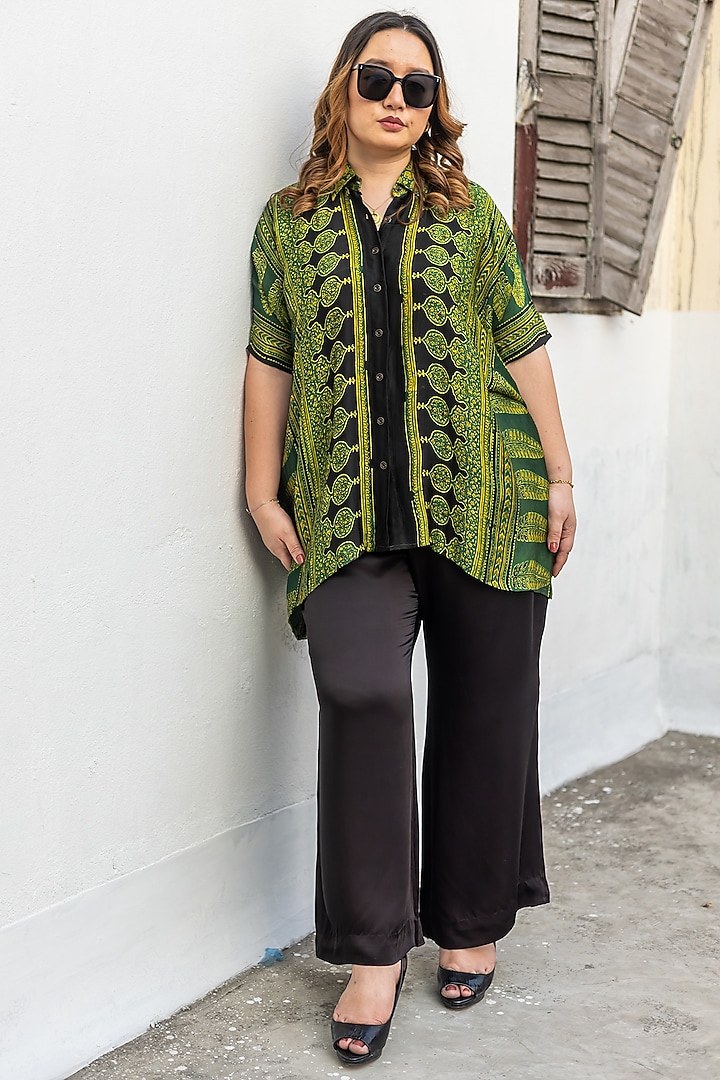 Green & Black Ajrakh Satin Hand-Block Printed Co-Ord Set by Prahnaaya at Pernia's Pop Up Shop