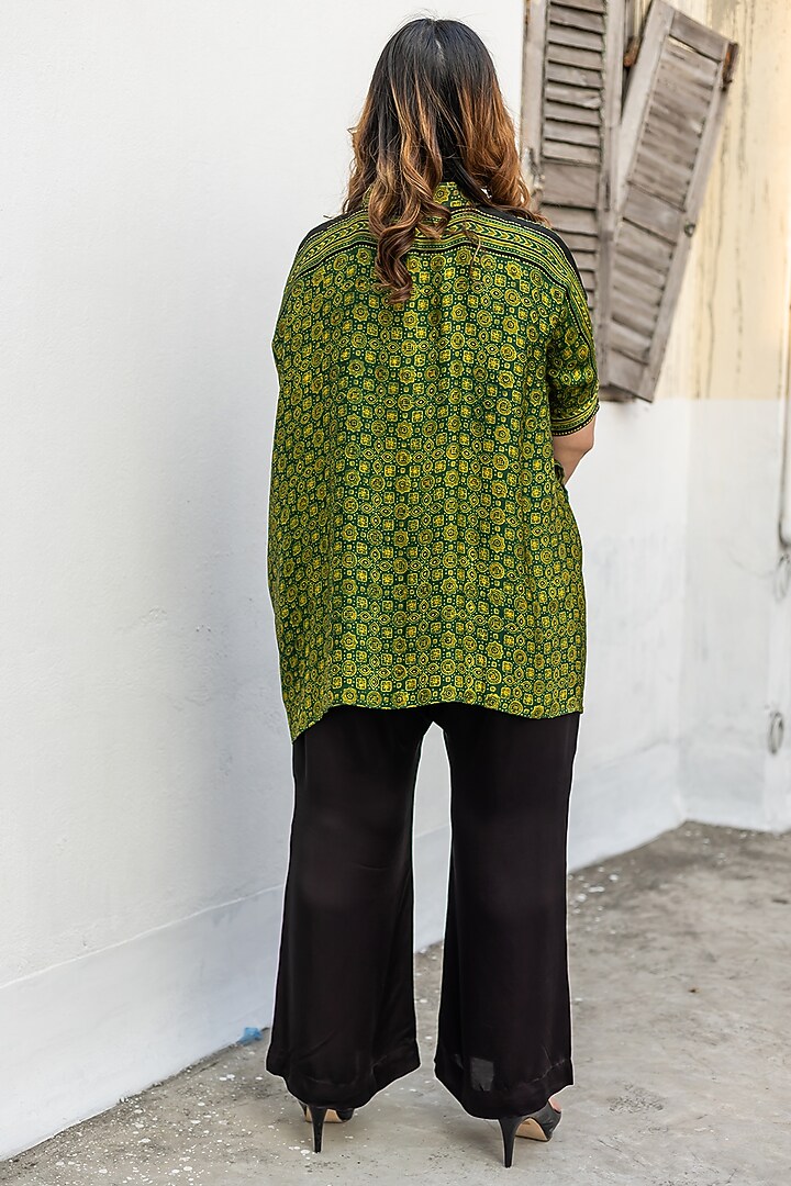 Green & Black Ajrakh Satin Hand-Block Printed Co-Ord Set by Prahnaaya at Pernia's Pop Up Shop