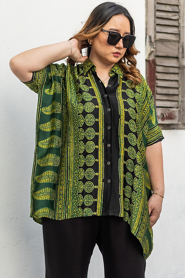 Green & Black Ajrakh Satin Hand-Block Printed Co-Ord Set by Prahnaaya at Pernia's Pop Up Shop