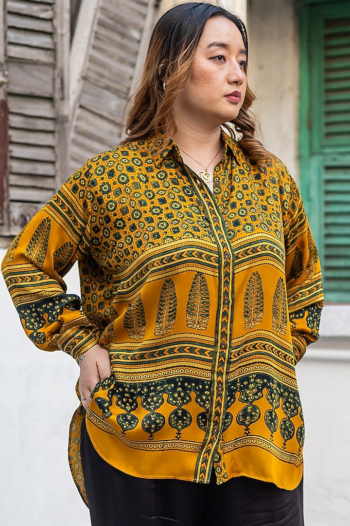 Yellow & Black Ajrakh Satin Hand-Block Printed Co-Ord Set by Prahnaaya at Pernia's Pop Up Shop