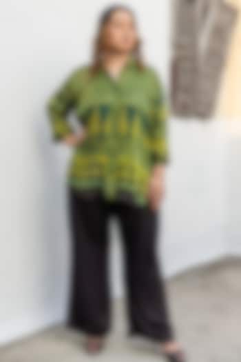 Green & Black Ajrakh Satin Hand-Block Printed Co-Ord Set by Prahnaaya at Pernia's Pop Up Shop