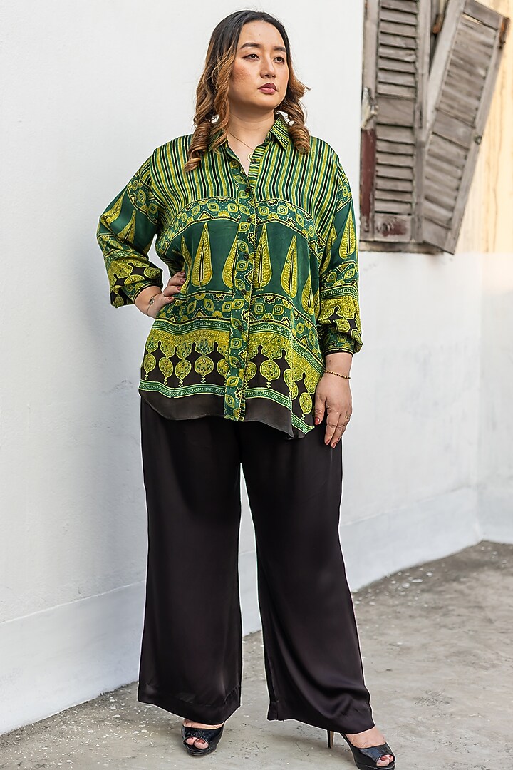 Green & Black Ajrakh Satin Hand-Block Printed Co-Ord Set by Prahnaaya at Pernia's Pop Up Shop