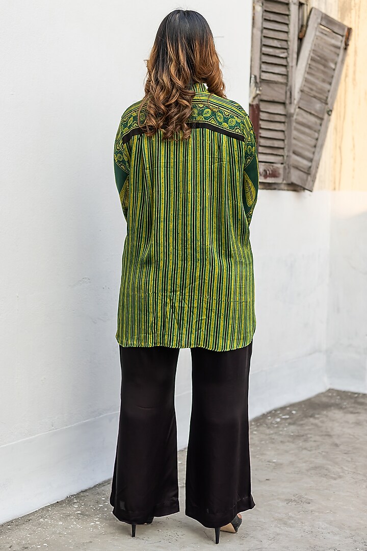 Green & Black Ajrakh Satin Hand-Block Printed Co-Ord Set by Prahnaaya at Pernia's Pop Up Shop