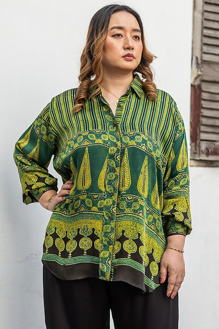 Green & Black Ajrakh Satin Hand-Block Printed Co-Ord Set by Prahnaaya at Pernia's Pop Up Shop