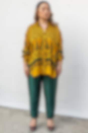 Yellow & Green Ajrakh Satin Hand-Block Printed Co-Ord Set by Prahnaaya at Pernia's Pop Up Shop