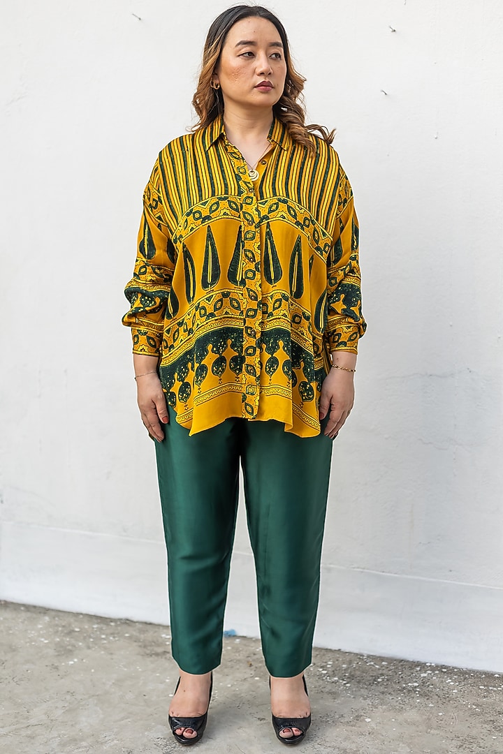 Yellow & Green Ajrakh Satin Hand-Block Printed Co-Ord Set by Prahnaaya at Pernia's Pop Up Shop