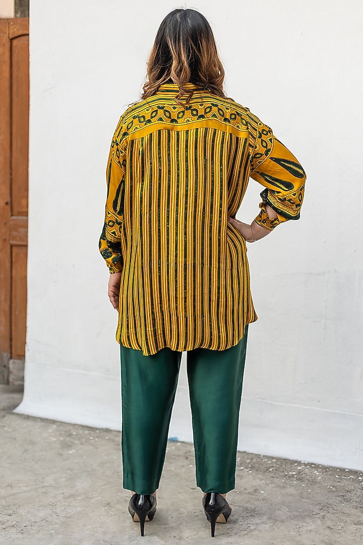 Yellow & Green Ajrakh Satin Hand-Block Printed Co-Ord Set by Prahnaaya at Pernia's Pop Up Shop