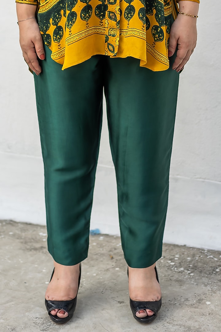 Yellow & Green Ajrakh Satin Hand-Block Printed Co-Ord Set by Prahnaaya at Pernia's Pop Up Shop
