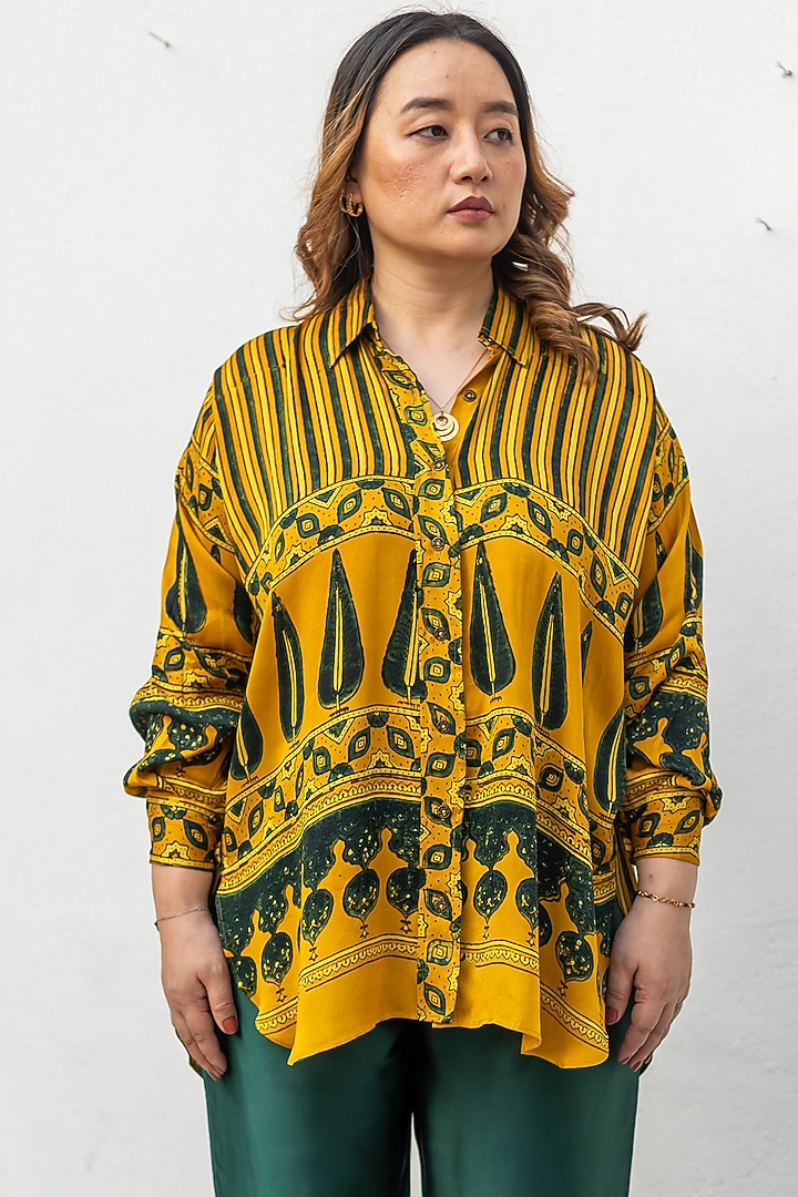 Yellow & Green Ajrakh Satin Hand-Block Printed Co-Ord Set by Prahnaaya at Pernia's Pop Up Shop