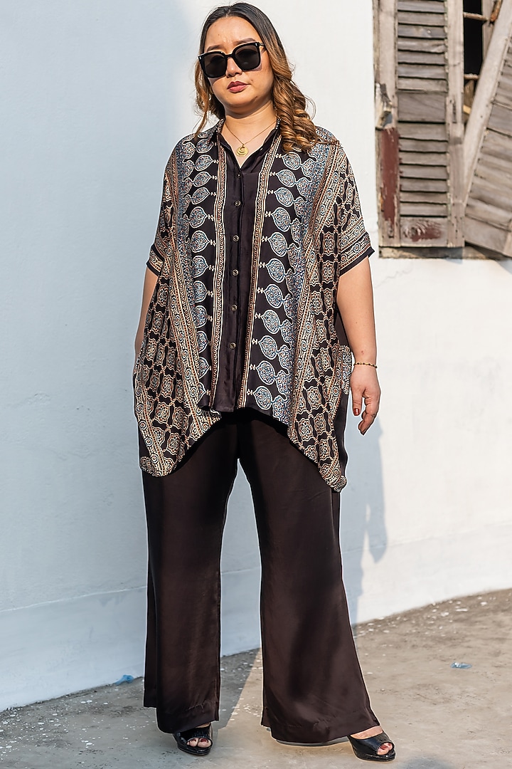 Black Ajrakh Satin Hand-Block Printed Co-Ord Set by Prahnaaya at Pernia's Pop Up Shop