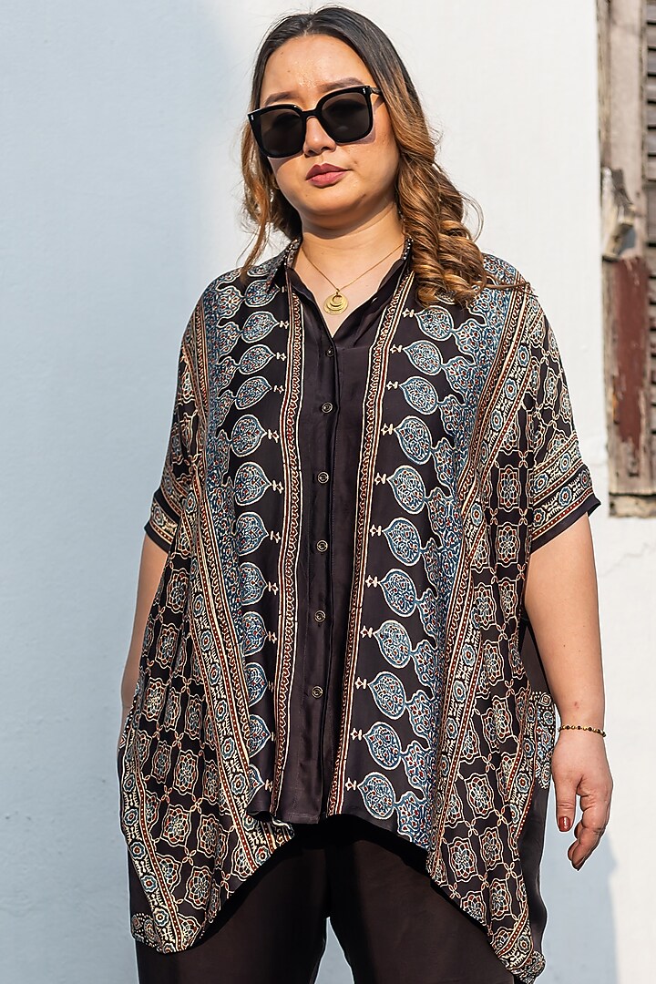 Black Ajrakh Satin Hand-Block Printed Co-Ord Set by Prahnaaya at Pernia's Pop Up Shop