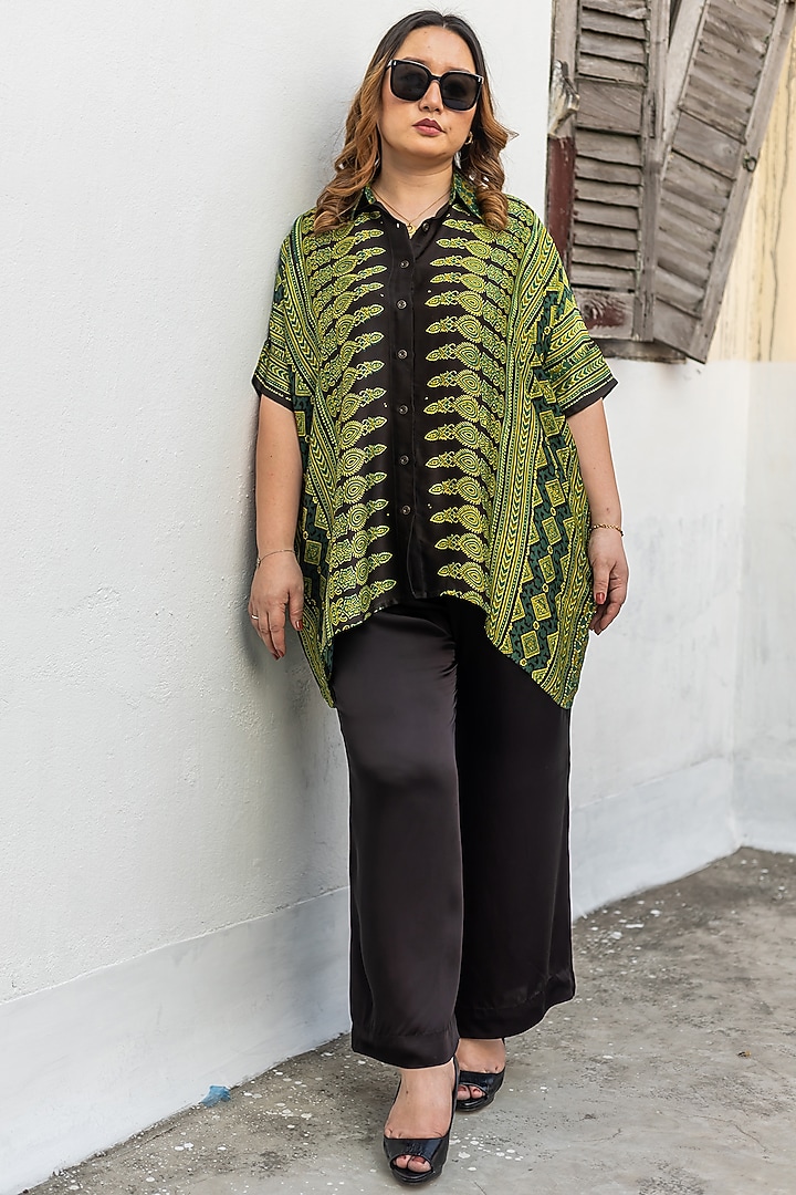 Green & Black Ajrakh Satin Hand-Block Printed Co-Ord Set by Prahnaaya at Pernia's Pop Up Shop