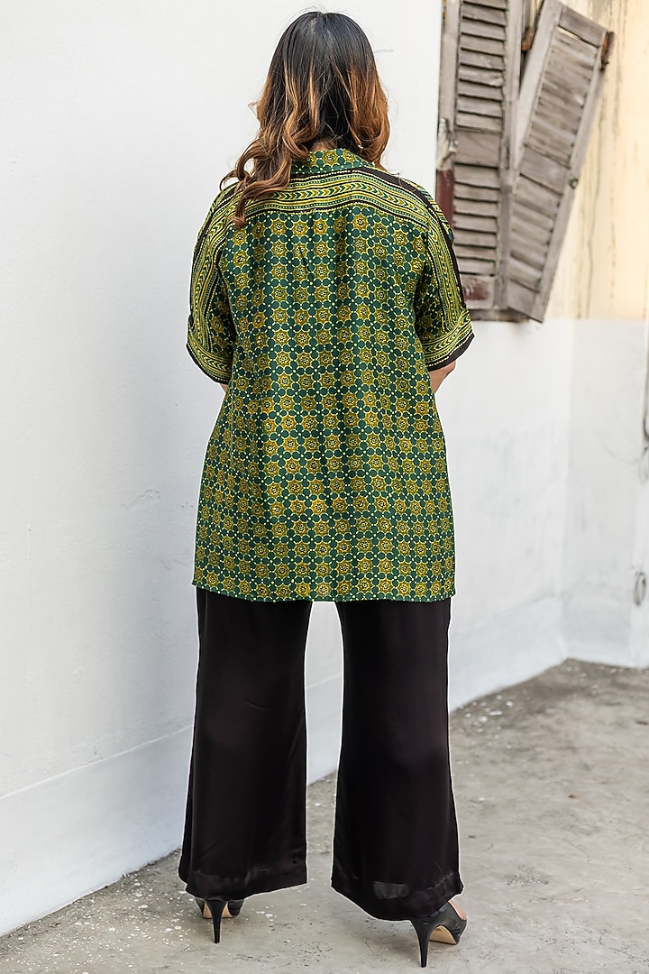 Green & Black Ajrakh Satin Hand-Block Printed Co-Ord Set by Prahnaaya at Pernia's Pop Up Shop