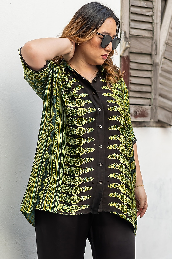 Green & Black Ajrakh Satin Hand-Block Printed Co-Ord Set by Prahnaaya at Pernia's Pop Up Shop