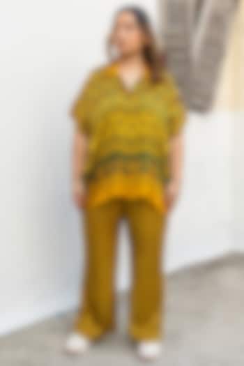 Yellow Ajrakh Satin Hand-Block Printed Co-Ord Set by Prahnaaya at Pernia's Pop Up Shop