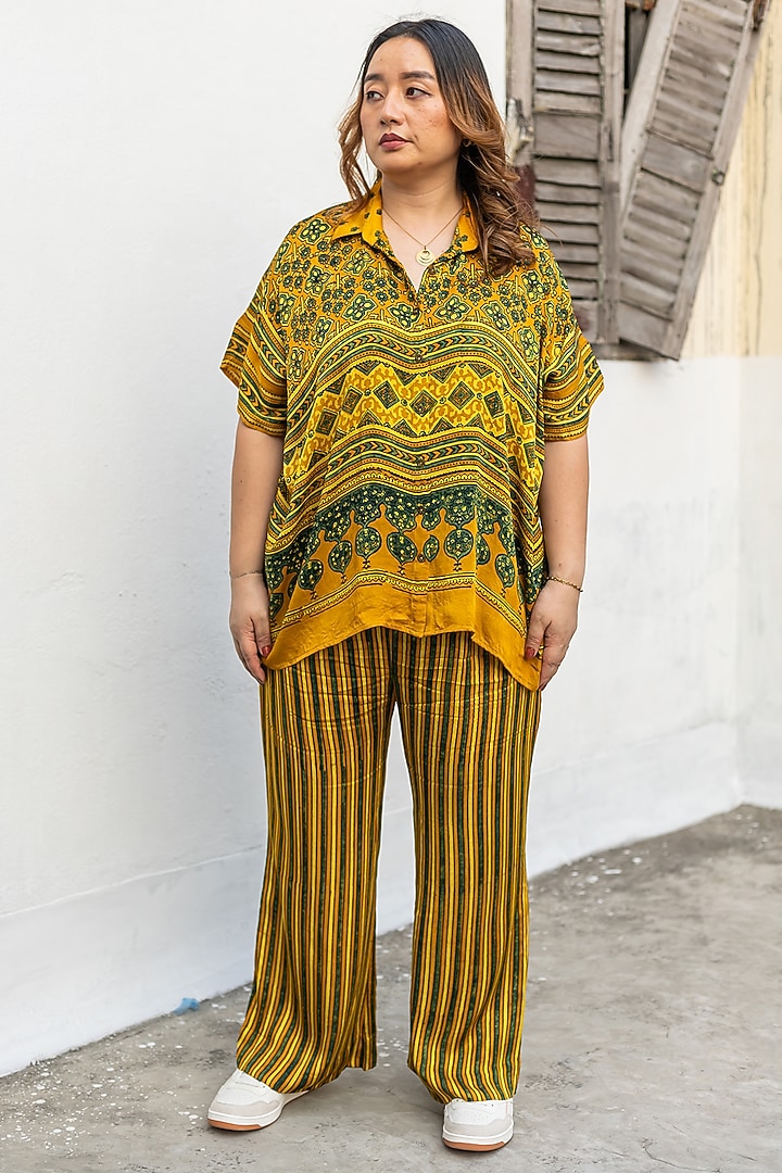 Yellow Ajrakh Satin Hand-Block Printed Co-Ord Set by Prahnaaya at Pernia's Pop Up Shop