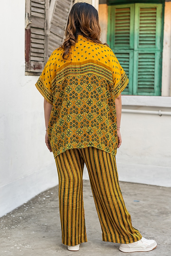 Yellow Ajrakh Satin Hand-Block Printed Co-Ord Set by Prahnaaya at Pernia's Pop Up Shop