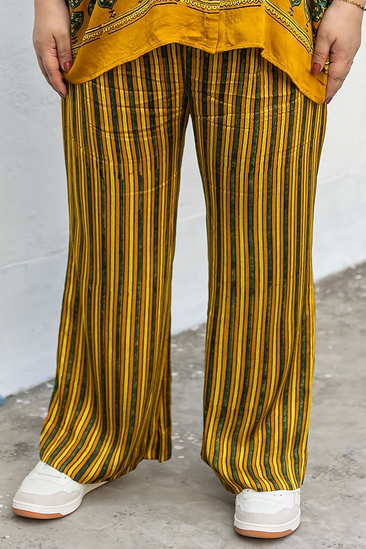 Yellow Ajrakh Satin Hand-Block Printed Co-Ord Set by Prahnaaya at Pernia's Pop Up Shop