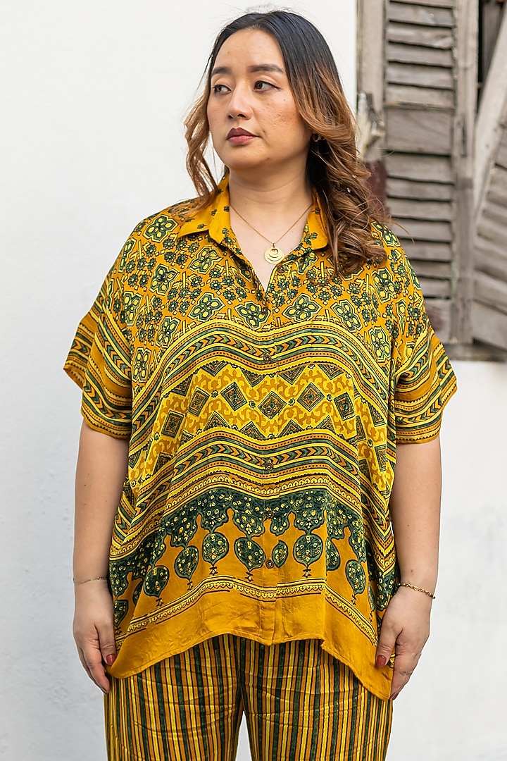 Yellow Ajrakh Satin Hand-Block Printed Co-Ord Set by Prahnaaya at Pernia's Pop Up Shop