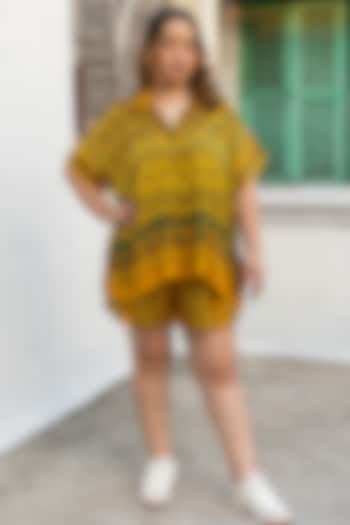 Yellow Ajrakh Satin Hand-Block Printed Co-Ord Set by Prahnaaya at Pernia's Pop Up Shop