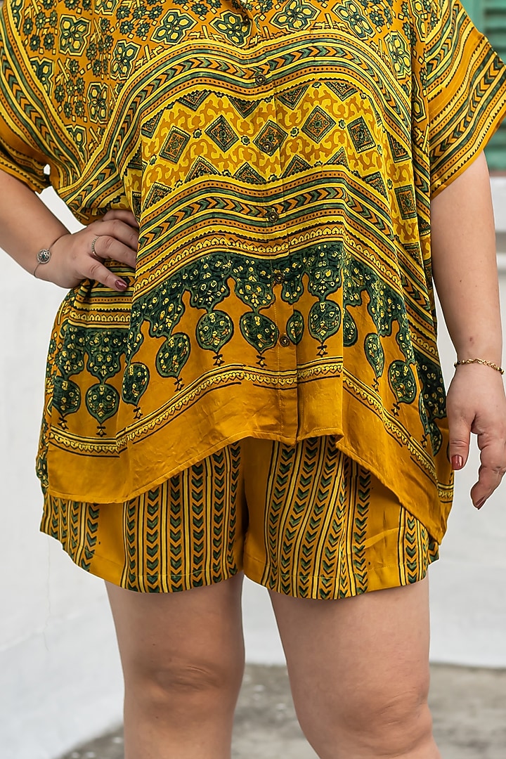 Yellow Ajrakh Satin Hand-Block Printed Co-Ord Set by Prahnaaya at Pernia's Pop Up Shop