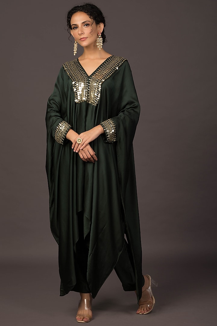 Olive Green Embroidered Asymmetrical Kaftan Set by Prahnaaya at Pernia's Pop Up Shop