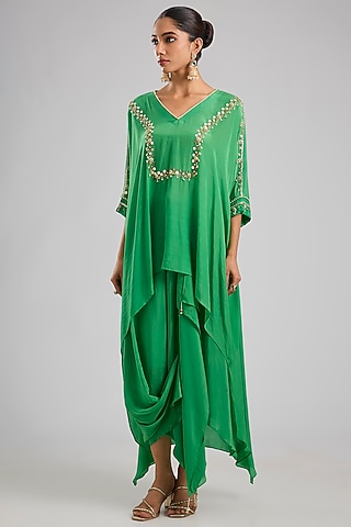 Green Crepe Silk Tunic Set by Prahnaaya