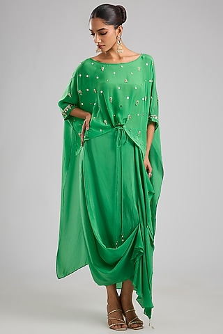 Green Crepe Silk Skirt Set by Prahnaaya