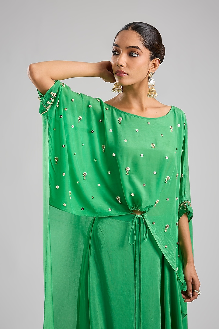 Green Crepe Silk Skirt Set by Prahnaaya at Pernia's Pop Up Shop
