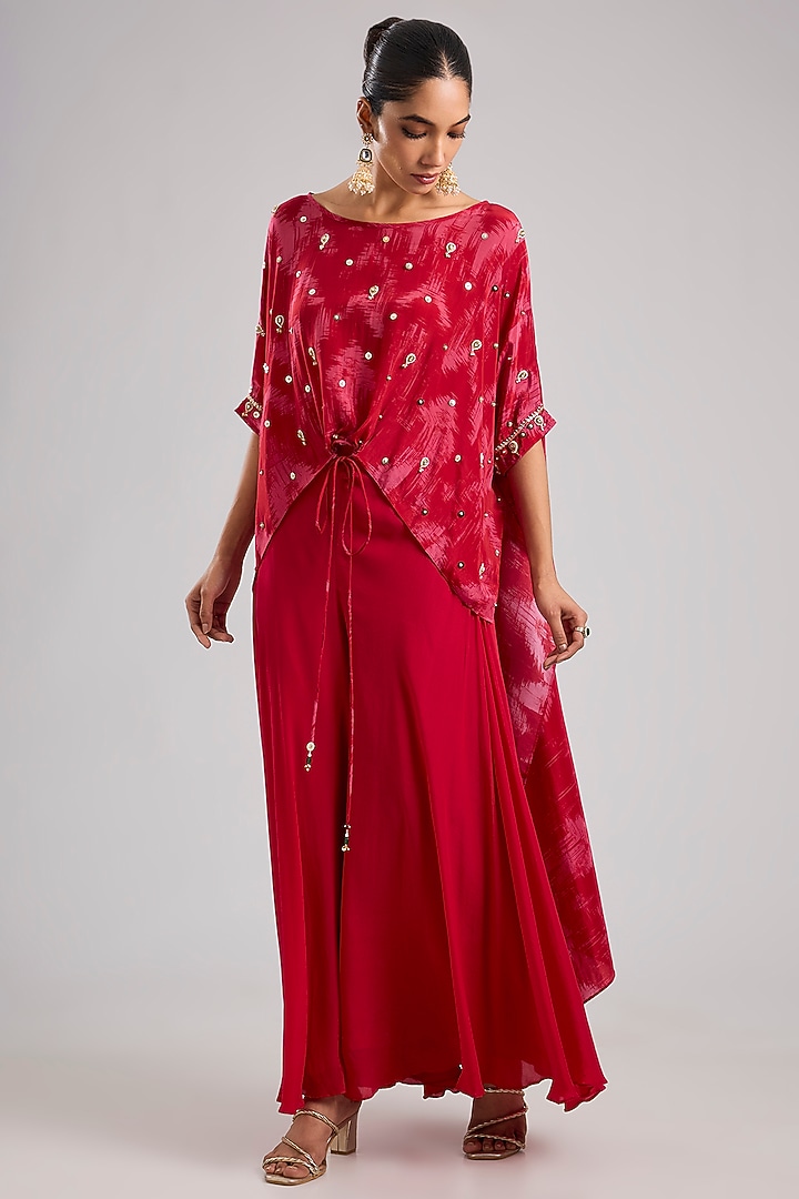 Red Natural Crepe Silk Hand Embroidered Tunic Set by Prahnaaya at Pernia's Pop Up Shop
