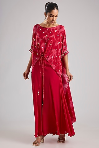 Red Natural Crepe Silk Hand Embroidered Tunic Set by Prahnaaya