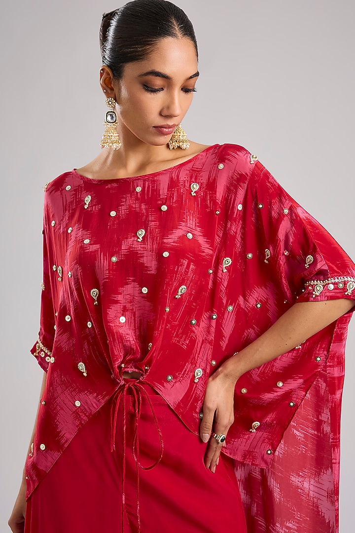 Red Natural Crepe Silk Hand Embroidered Tunic Set by Prahnaaya at Pernia's Pop Up Shop