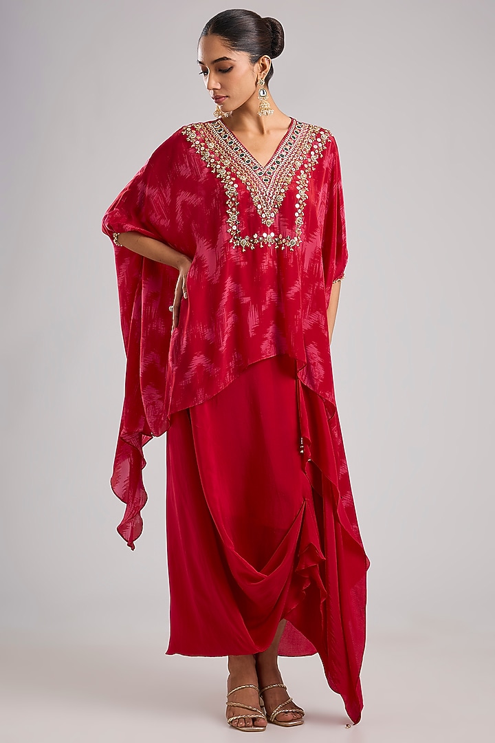 Red Crepe Silk Skirt Set by Prahnaaya at Pernia's Pop Up Shop