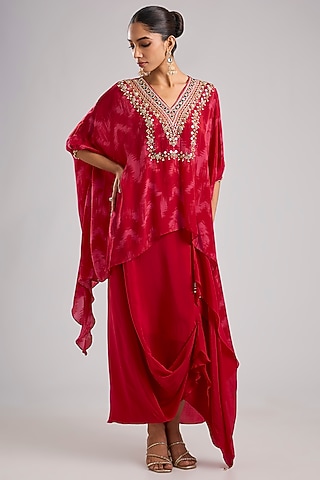 Red Crepe Silk Skirt Set by Prahnaaya