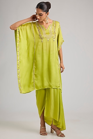 Neon Yellow Satin Silk Kaftan Set by Prahnaaya
