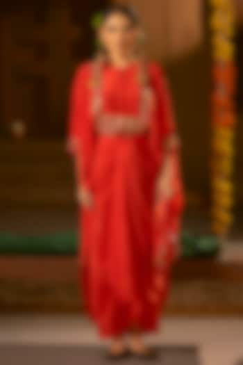 Red Vegan Crepe Silk Wrap Skirt Set by Prahnaaya at Pernia's Pop Up Shop