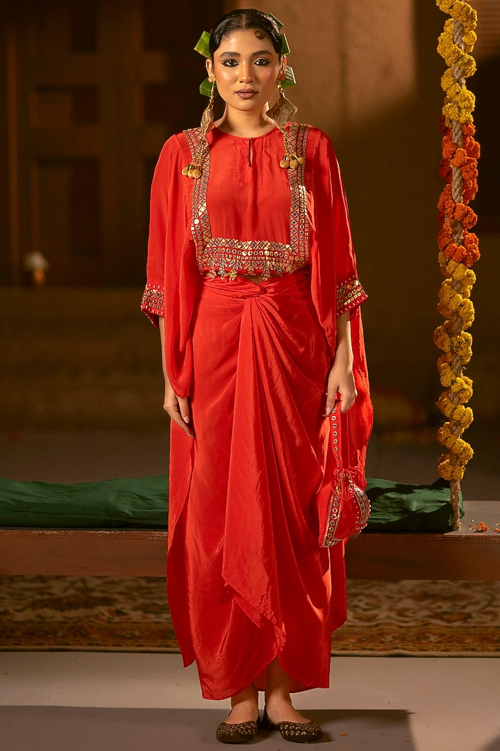 Red Vegan Crepe Silk Wrap Skirt Set by Prahnaaya at Pernia's Pop Up Shop