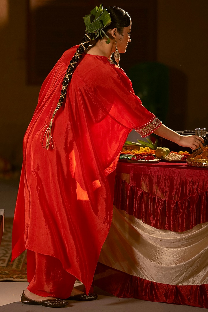 Red Vegan Crepe Silk Wrap Skirt Set by Prahnaaya at Pernia's Pop Up Shop