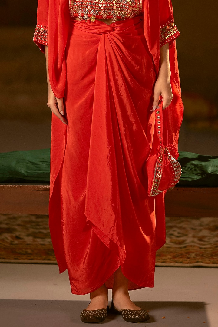 Red Vegan Crepe Silk Wrap Skirt Set by Prahnaaya at Pernia's Pop Up Shop