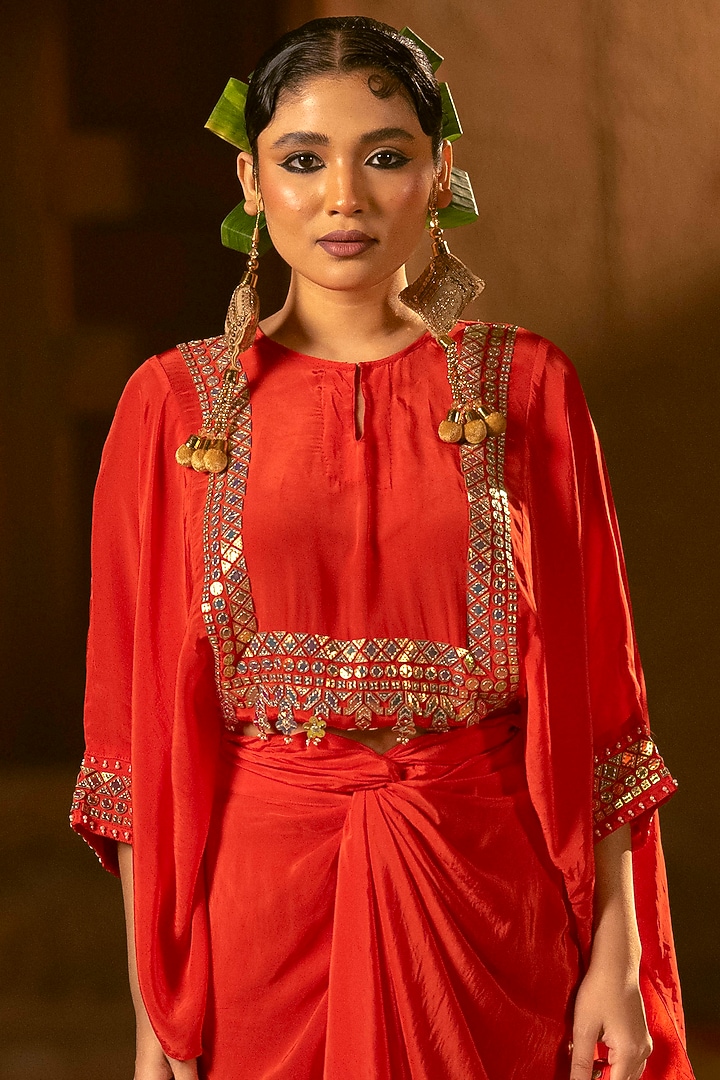 Red Vegan Crepe Silk Wrap Skirt Set by Prahnaaya at Pernia's Pop Up Shop
