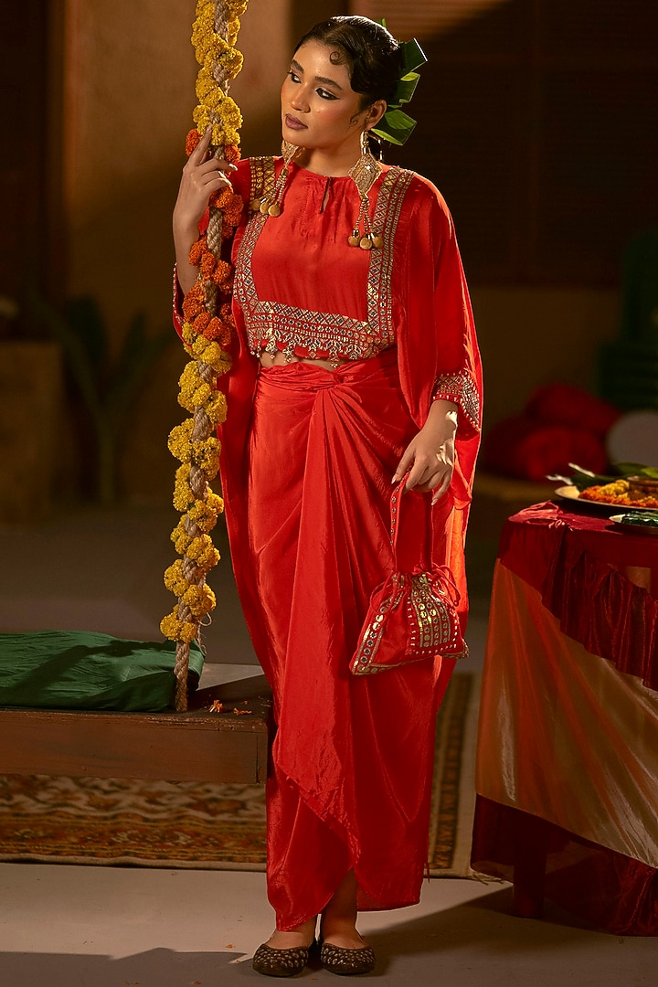 Red Vegan Crepe Silk Wrap Skirt Set by Prahnaaya at Pernia's Pop Up Shop